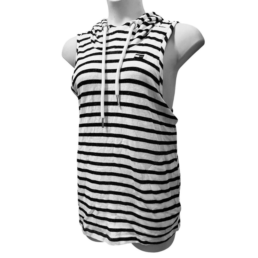 NWT $50 Tommy Hilfiger Sleeveless Beach Hoodie White Blue Stripe Sz L Open Back